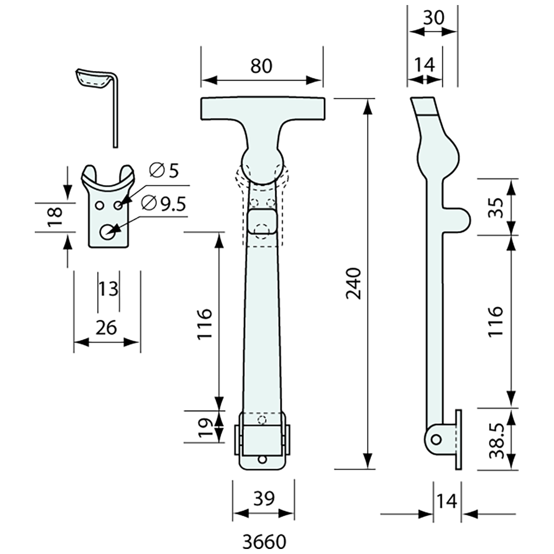 Hold Down Latch Zinc and Black Rubber 248mm
